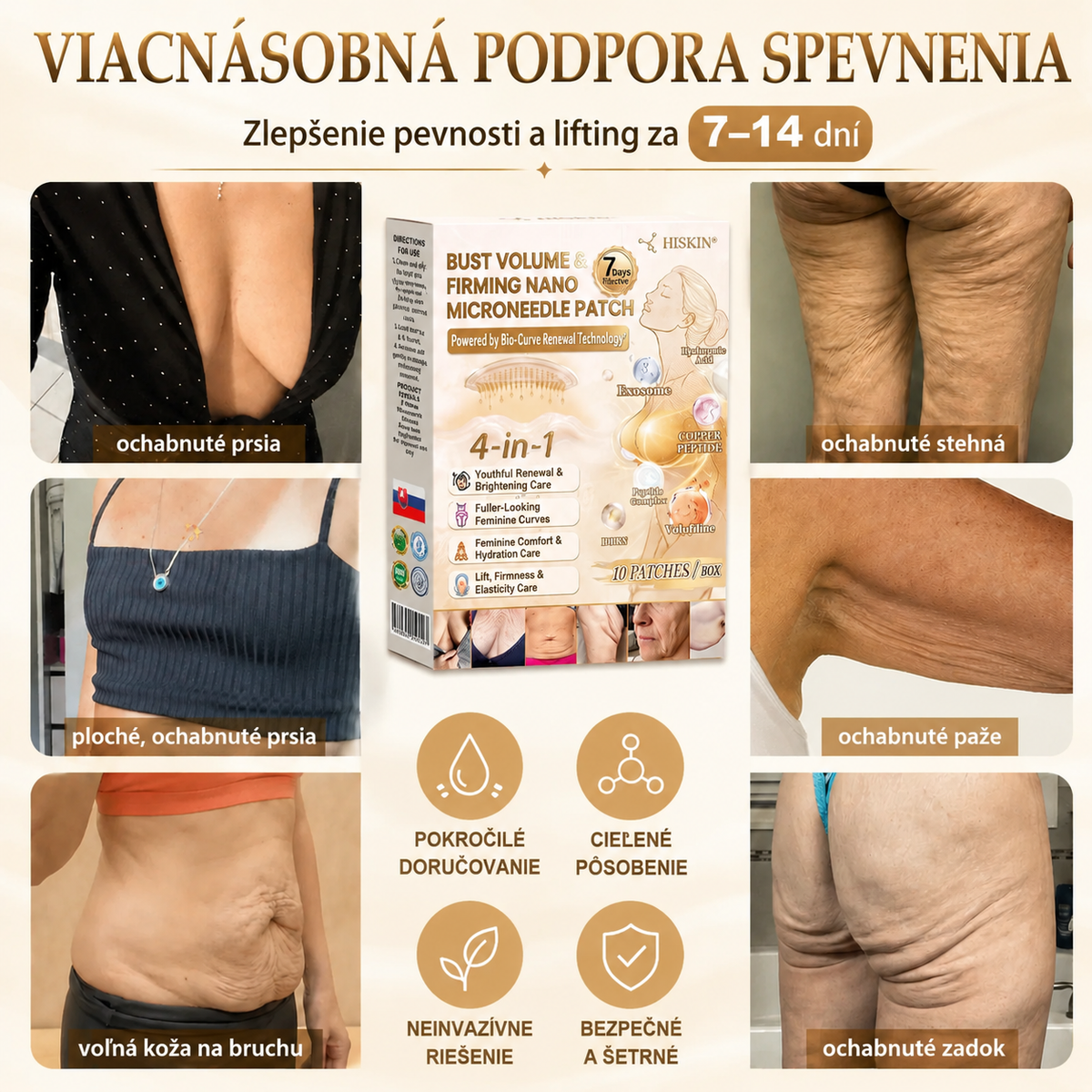 HISKIN®🏆 Náplasť s nano mikroihličkami pre objem, pozdvihnutie a spevnenie poprsia – Volufiline + Exosome + Copper Peptide formula podporená technológiou bunkovej obnovy